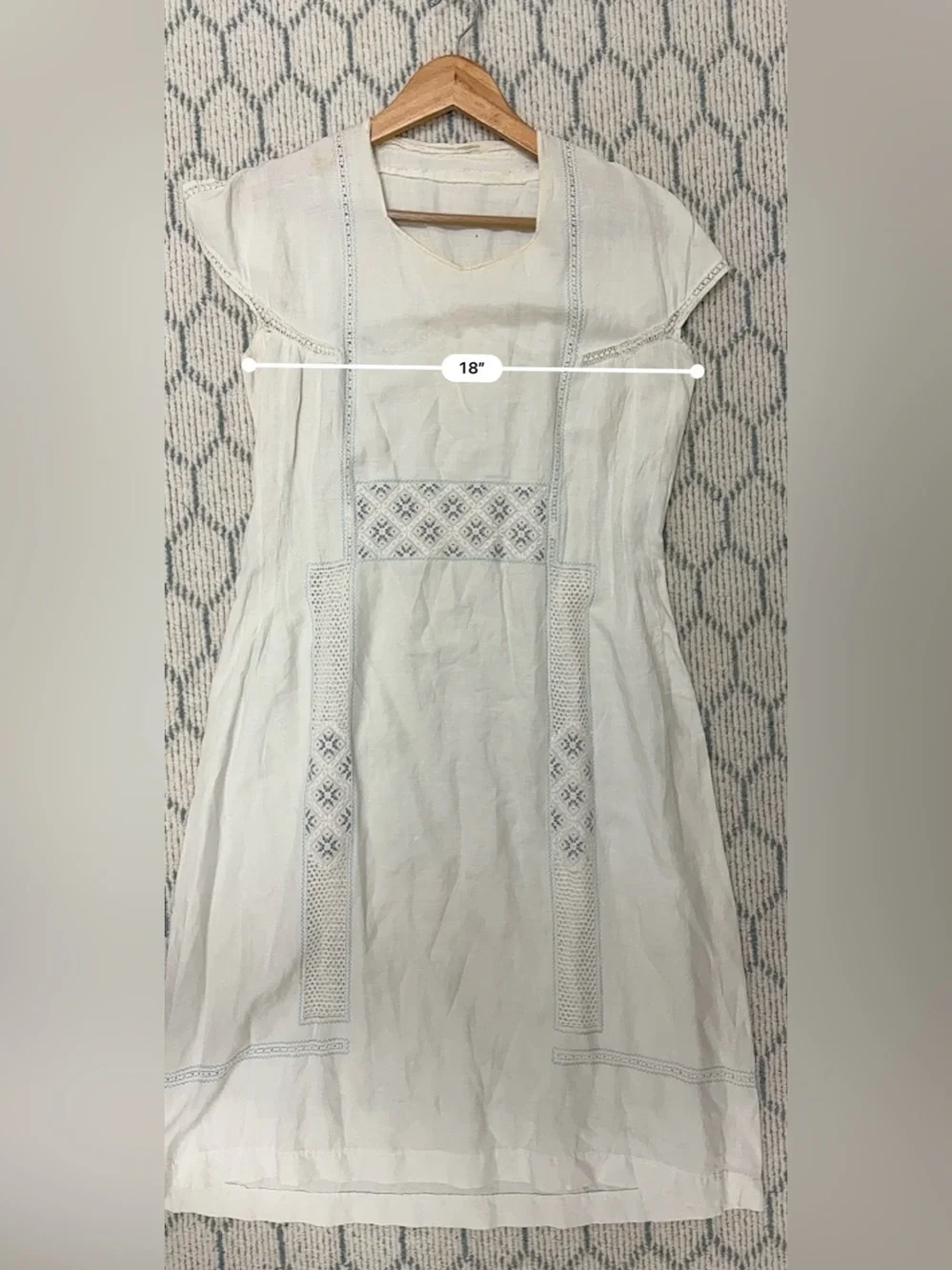 1920’s Antique Hand Embroidered Linen Chevron Lace Cottagecore Cream Lawn Dress - Picture 13 of 16